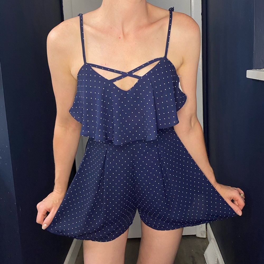 Navy Flowy Romper with White Polka Dots